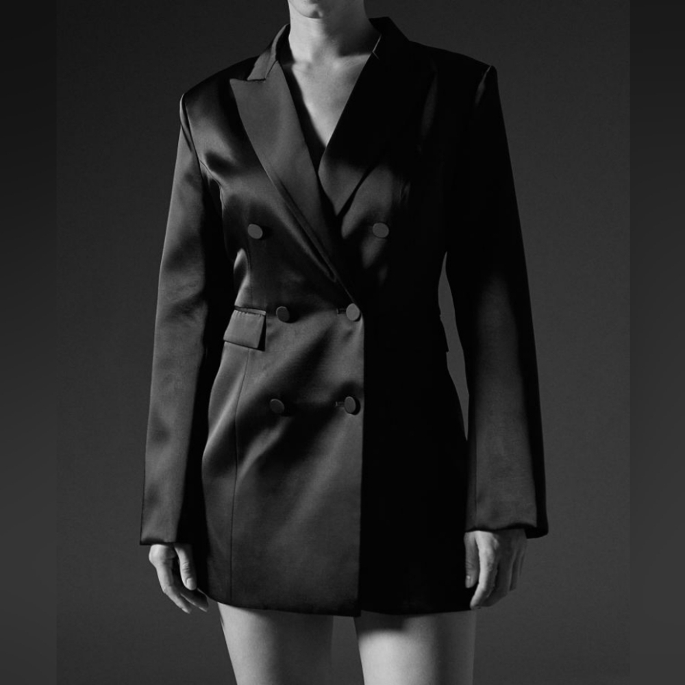 H&M double-breasted fitted jacket dress satin effect black sz L BNWT - Picture 4 of 13